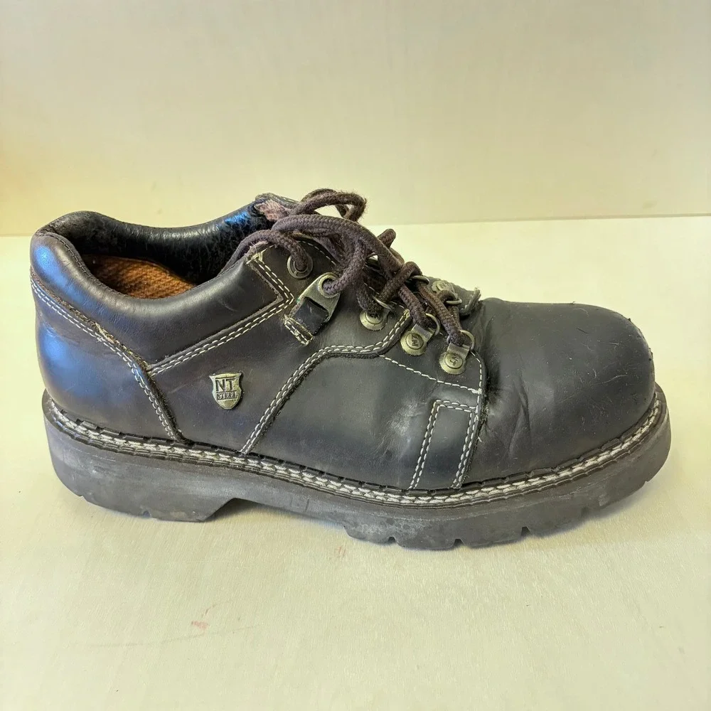 New Terrain Mens 11 Leather Steel Toe Work Boots Brown Lace Up Safety Shoes NT